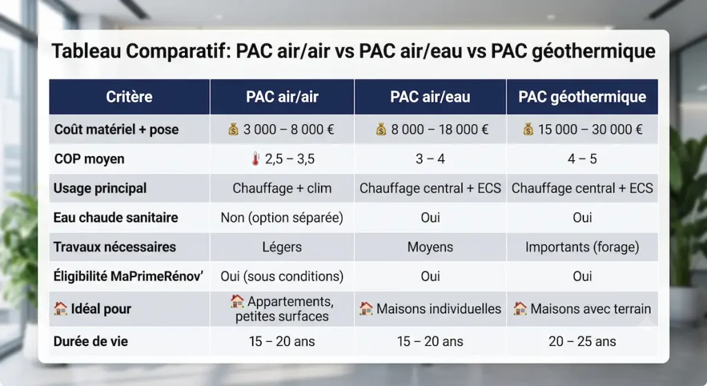 Comparatif PAC air/air vs air/eau vs géothermique