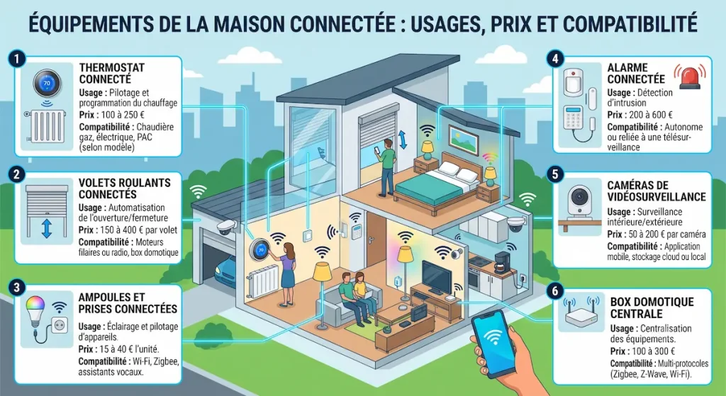 Tableau : équipements domotiques (usage, prix moyen, compatibilité)