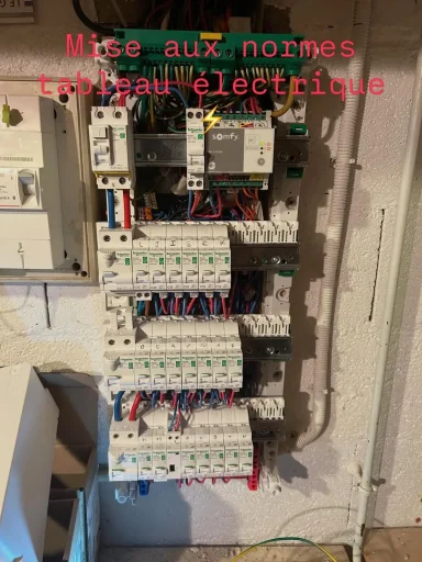 Vue détaillée d'un grand tableau électrique ouvert comportant plusieurs rangées de disjoncteurs soigneusement câblés.